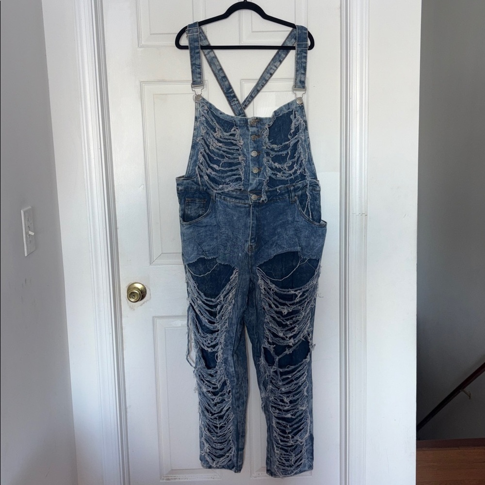 Thrill Acid Wash Destroyed Jean Jumpsuit Overalls Blue Size 24